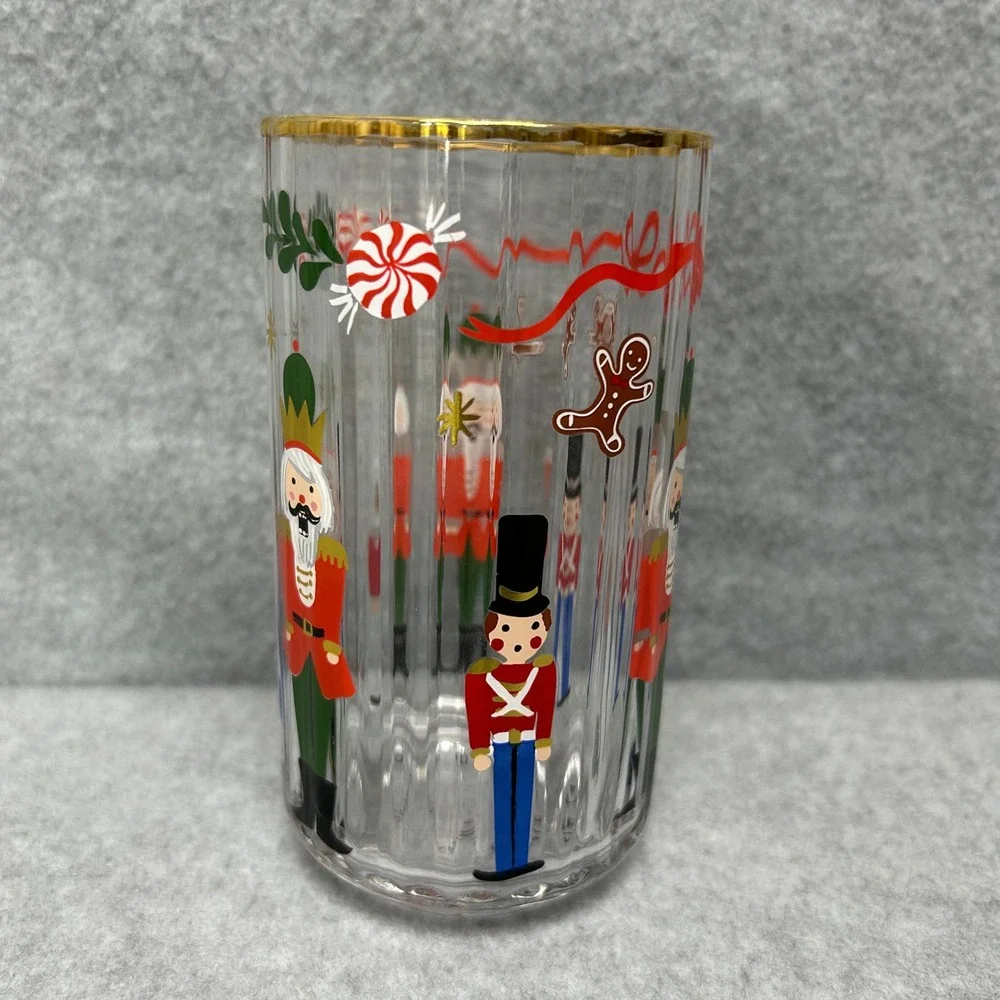 Rifle Paper Co for Anthropologie Nutcracker Juice Glass Set of 4 Gold Rim Fluted